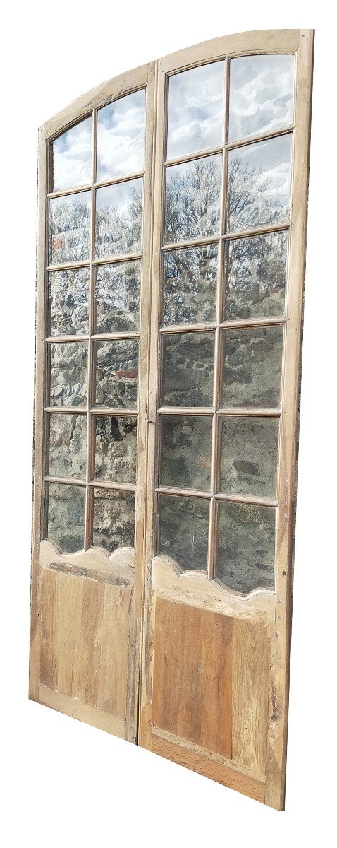 Antique Double Glass Door From The 18th Century In Walnut With Its Original Oak Cremone Bolt-photo-4