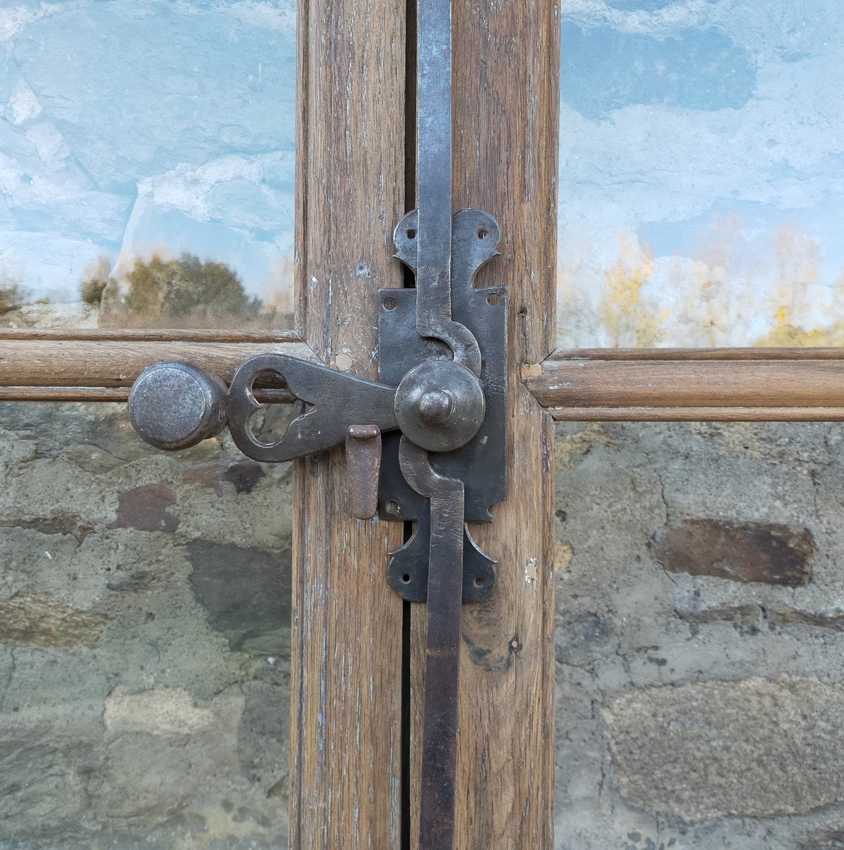 Antique Double Glass Door From The 18th Century In Walnut With Its Original Oak Cremone Bolt-photo-2