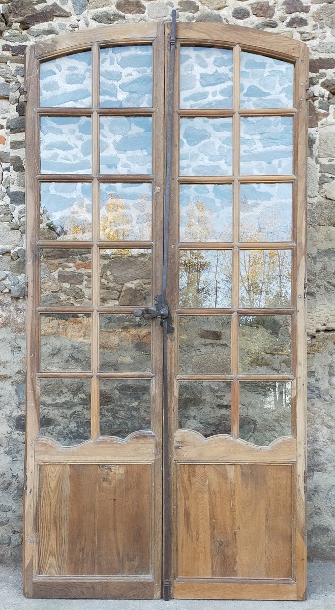 Antique Double Glass Door From The 18th Century In Walnut With Its Original Oak Cremone Bolt