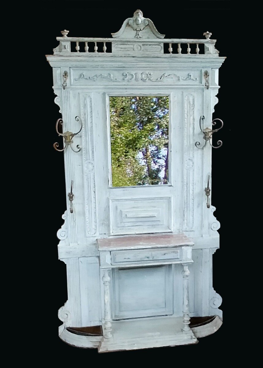 Porte Manteau Ancien Ou Vestiaire  Complet De Ses 8 Patères, Corniche, Tiroir, Miroir