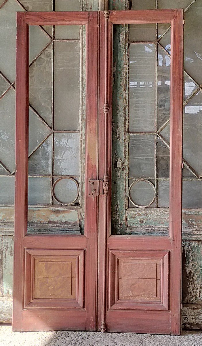 Portes Vitrées Ancienne XIXème Vitrine Bibliothèque Grand Cadre Porte-photo-2