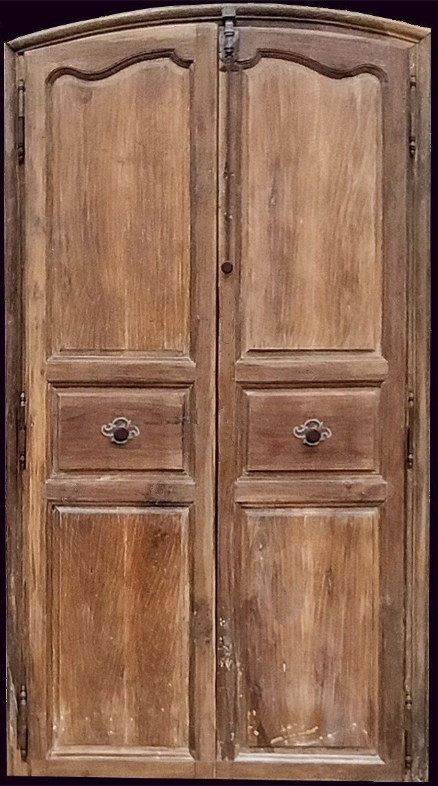 Old 18th Century Arched Double Door In Walnut With Its Door Frame Woodwork