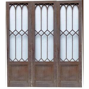 Suite Of Three Old Identical Graphic Glass Doors