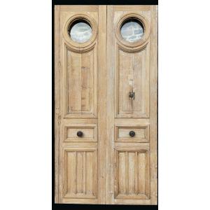 Large Old Double Entrance Door In Oak Haussmann Period Oeil De Boeuf