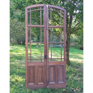 Large Antique Double Glass Door In Oak From The End Of The 19th Century With Its Frame