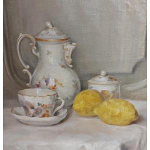 Nature Morte : Cafetière Aux Citrons C. De Préval Circa 1900