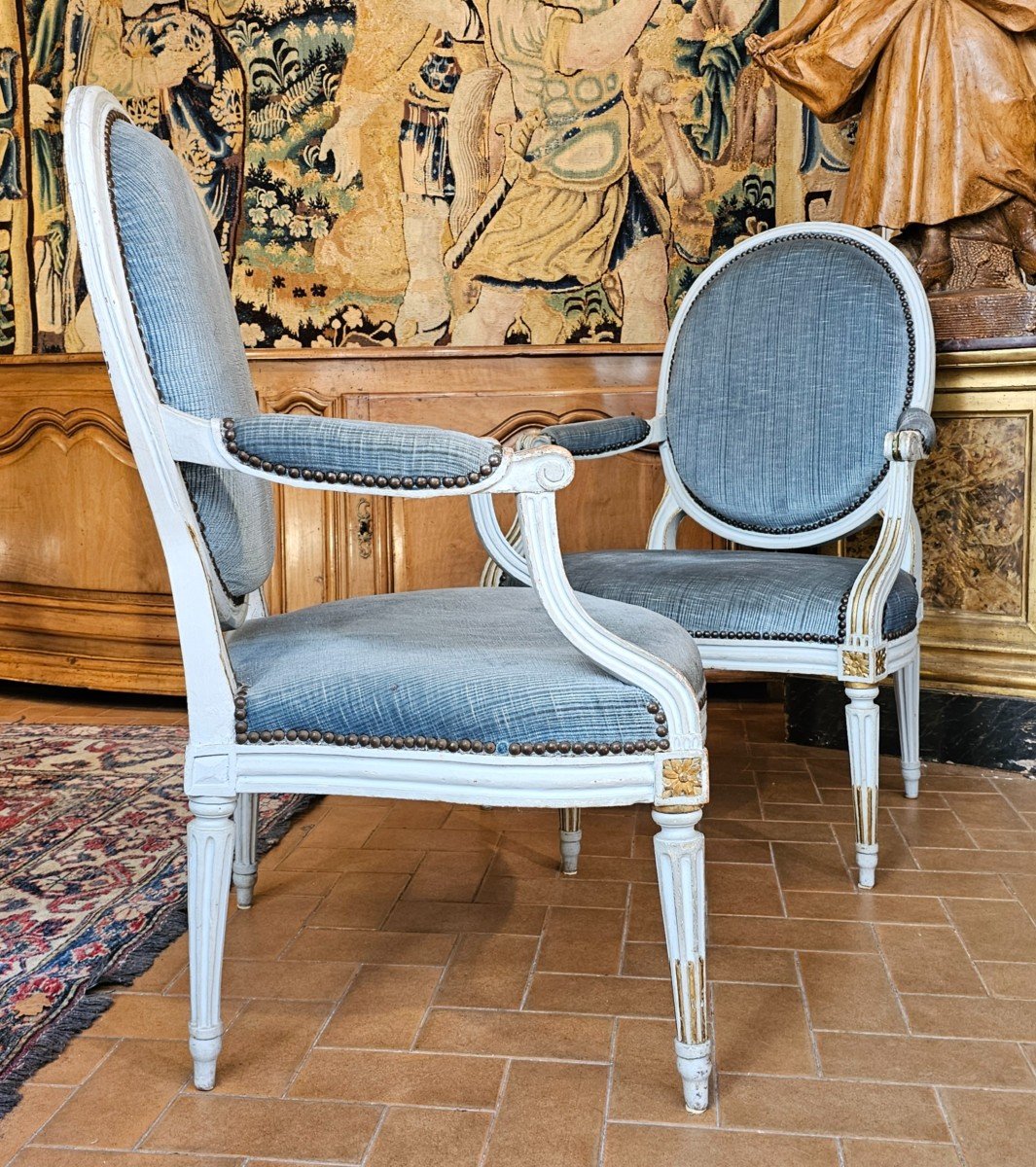 Pair Of Large Armchairs With Flat Backs, Louis XVI Period-photo-2