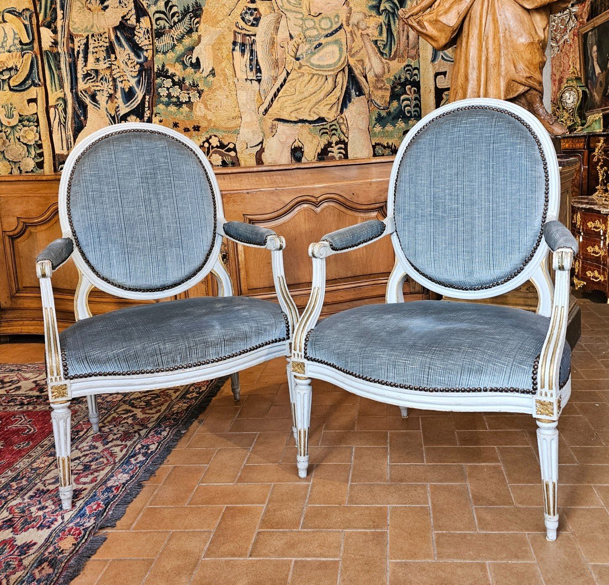 Pair Of Large Armchairs With Flat Backs, Louis XVI Period-photo-4