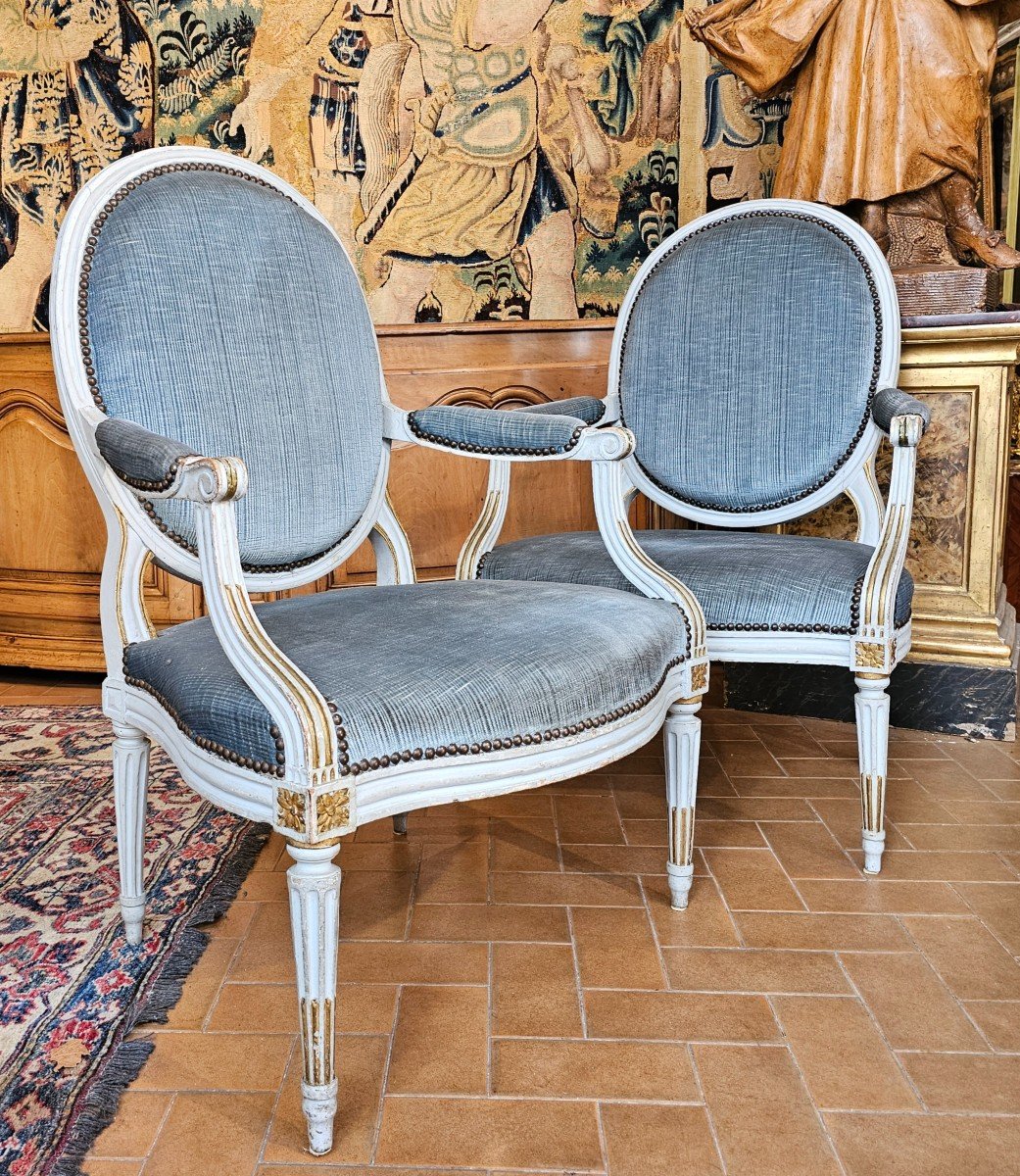 Pair Of Large Armchairs With Flat Backs, Louis XVI Period