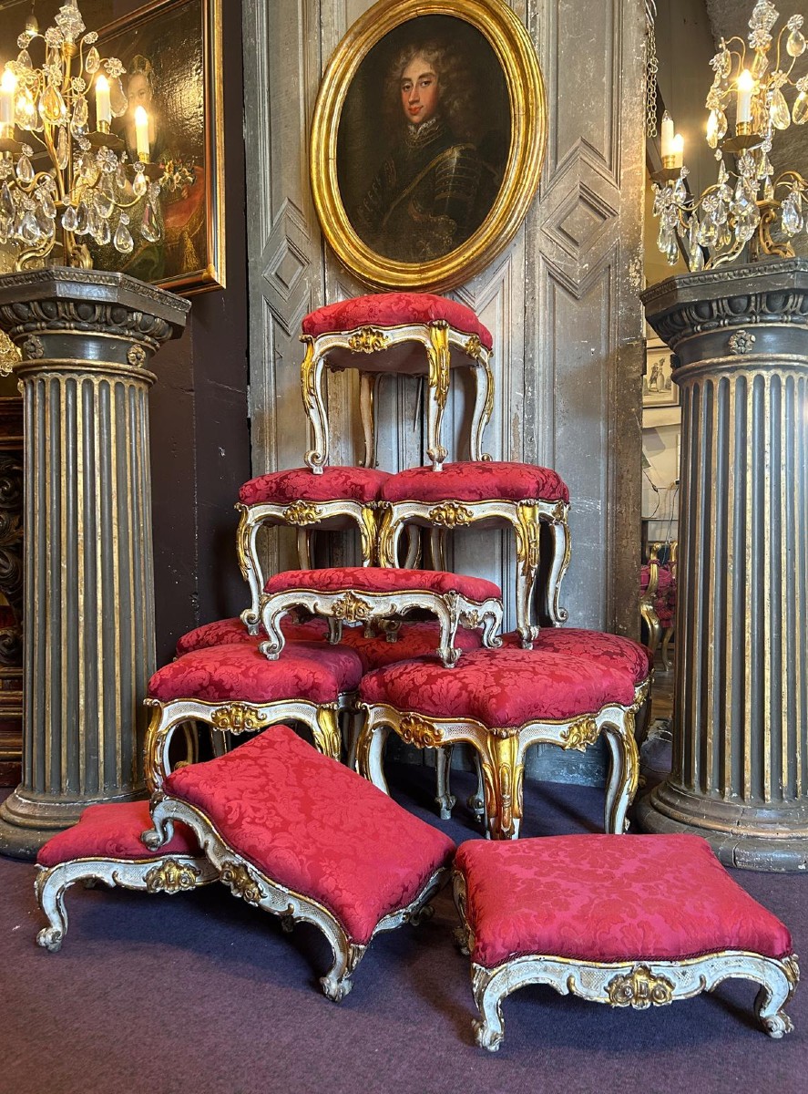 Set Of Eight Stools And Four Footstools, 18th Century