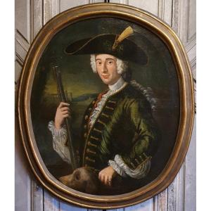 Important Portrait De Chasseur Avec Son Chien Epoque Louis XV