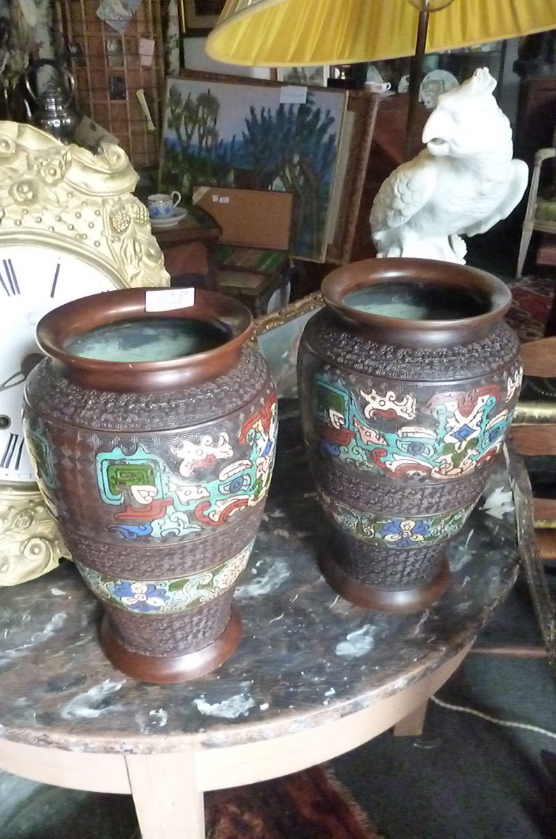 Pairs Of Cloisonne Vases In Chinese Bronze-photo-6