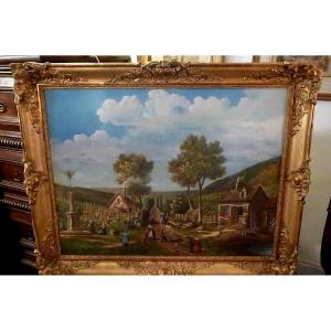 Large Gouache "the Harvest" Romantic Period 1820/1830