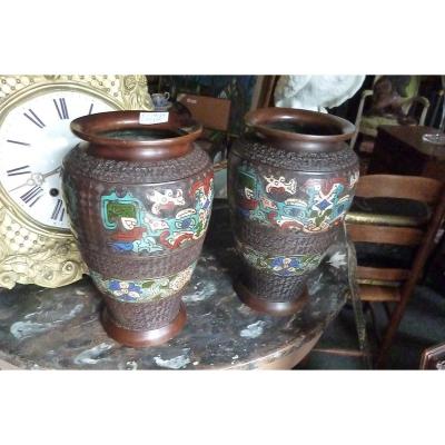 Pairs Of Cloisonne Vases In Chinese Bronze