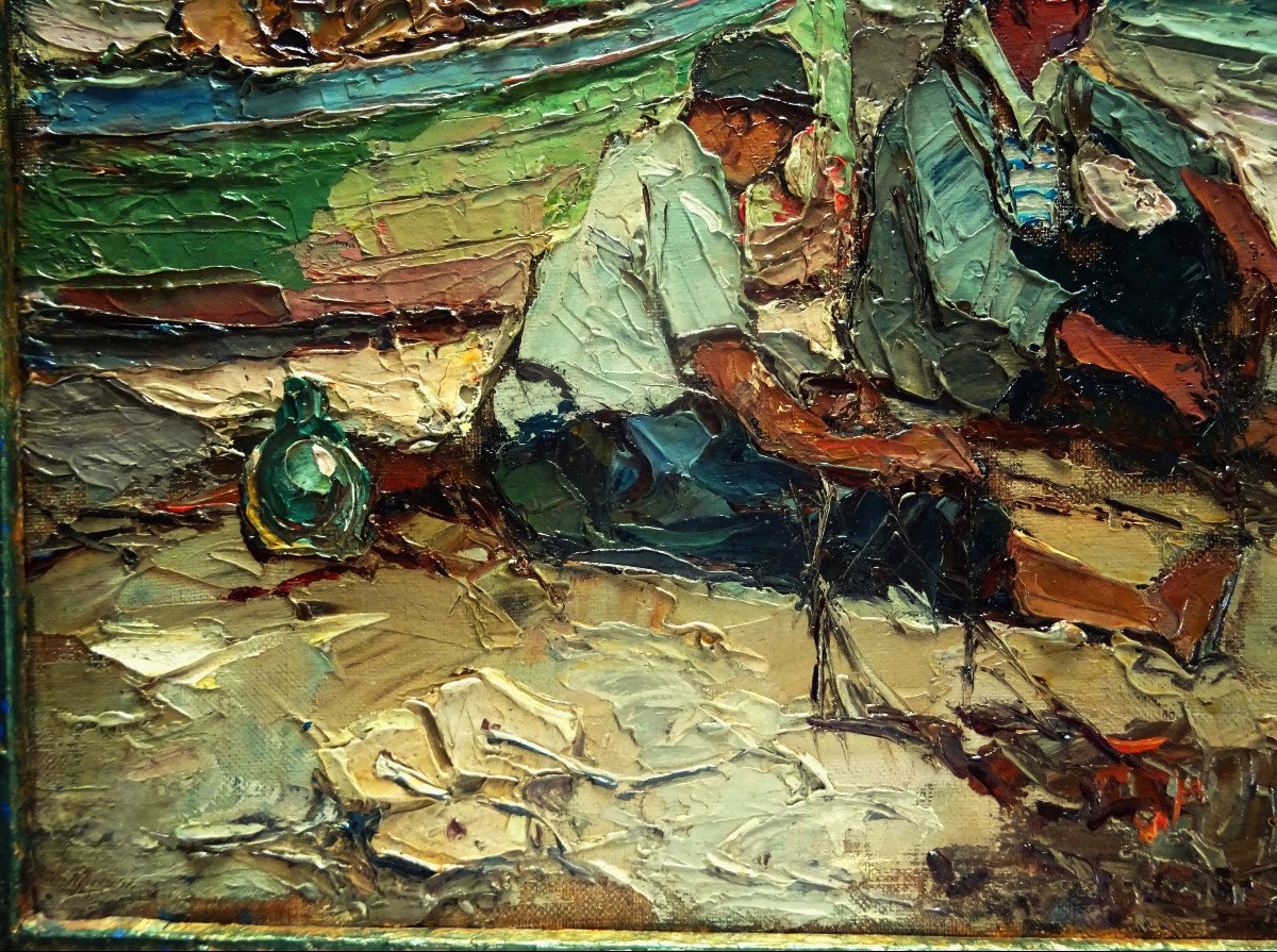 Louis Bonamici (1878-1966) "sailors Ravauding Their Net, Martigues" Provencal School, Pastour-photo-1