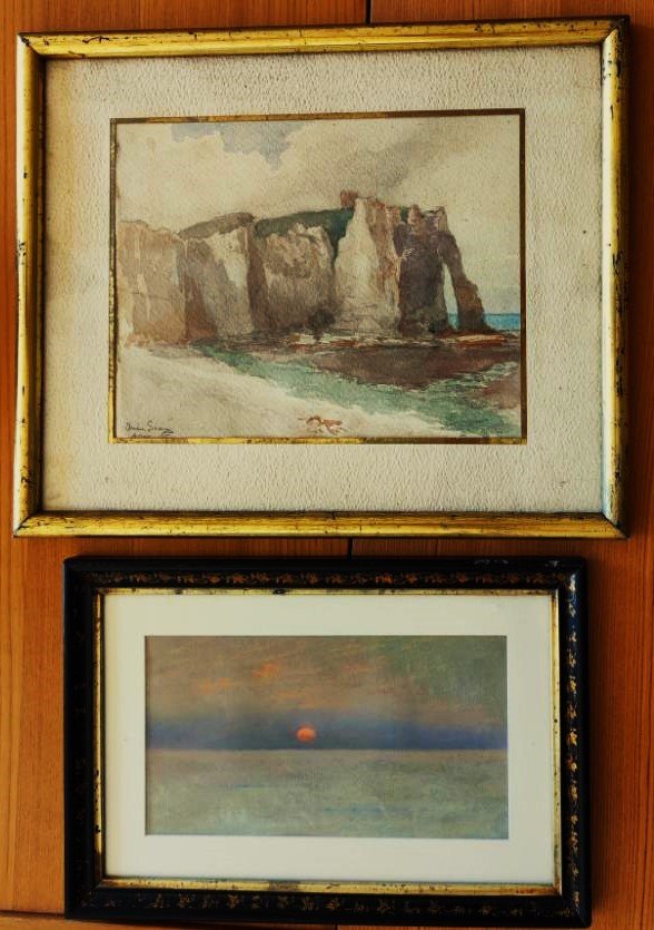 Emile Clavel ( 1848-1932) "Coucher de soleil " + André Simon " Etretat 1905". Ecole Normande.  