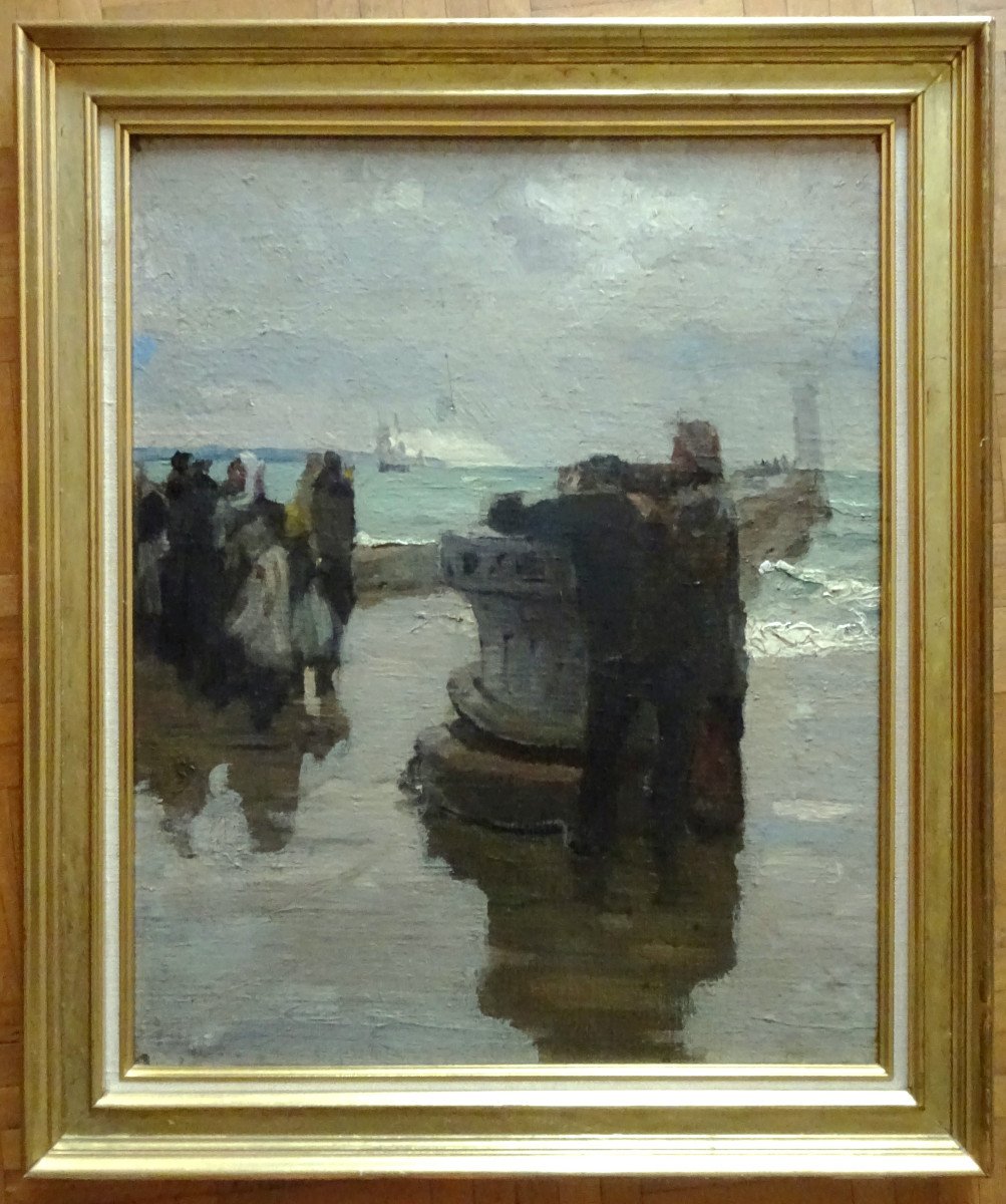 Emile Renouf (1845-1894) " Guetteurs sur la jetée nord du Havre 19ème" Marine, Honfleur, Pozier