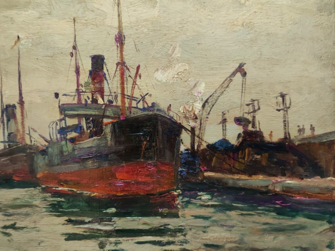 Adolphe Gaussen (1871-1957) "Cargos dans le port Marseille" Peintre officiel de la Marine Olive-photo-5