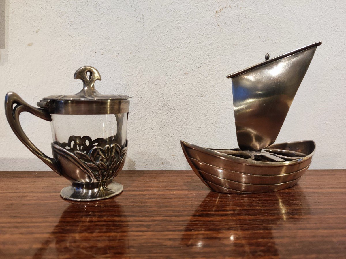 Gallia: Art Deco Salt Shaker + Art Nouveau Mustard Pot. Christofle, Puiforcat Ercuis Després