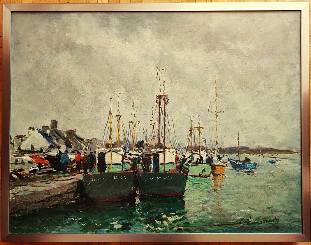 Louis Edouard Garrido (1893-1982) "lively Port, Saint Vaast Normandy" Caen Auge Impressionism