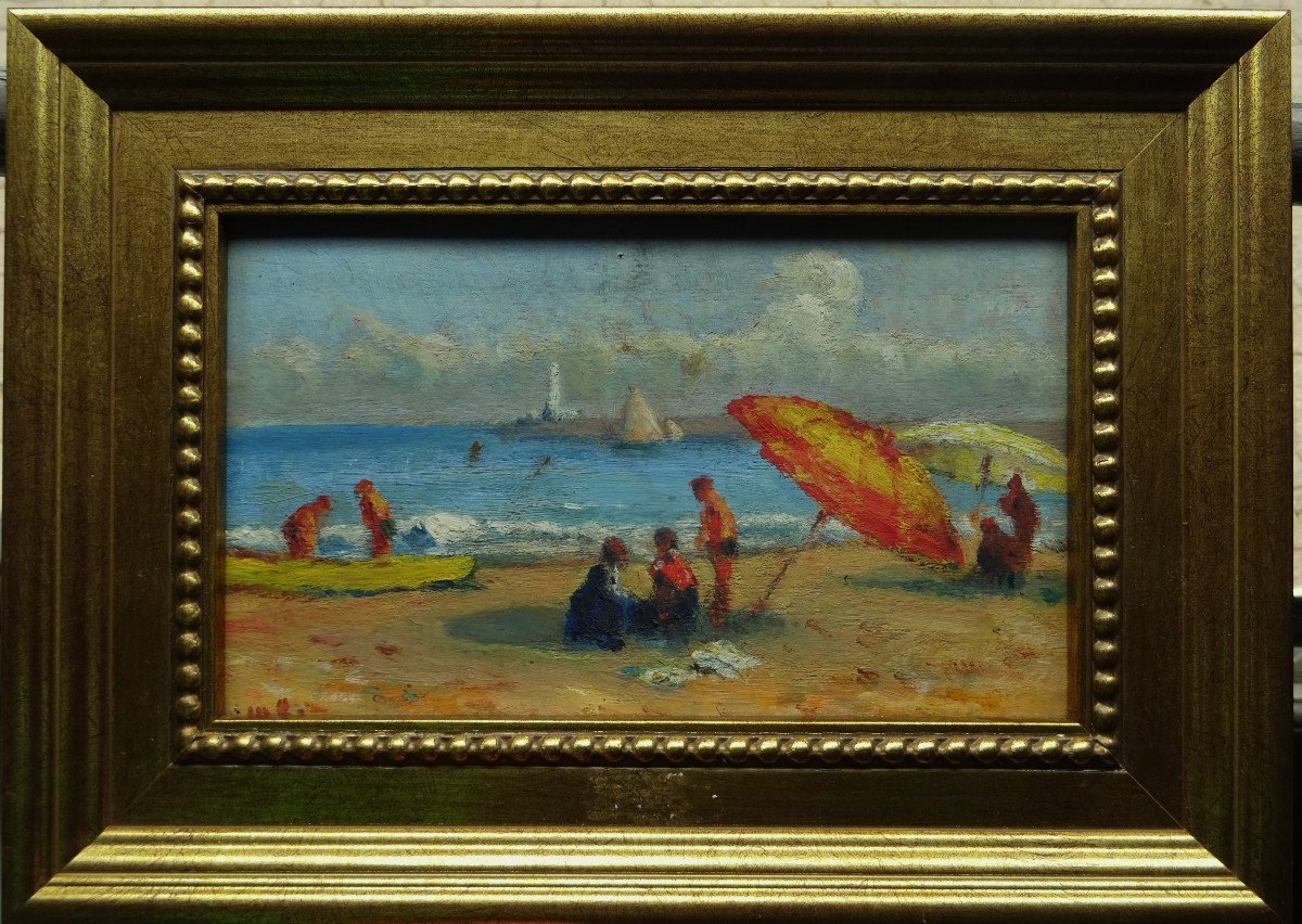 Ecole Française " Plage animée au Tréport " Dans le goût de Maximilien Luce , Hayet, Bertram...-photo-2