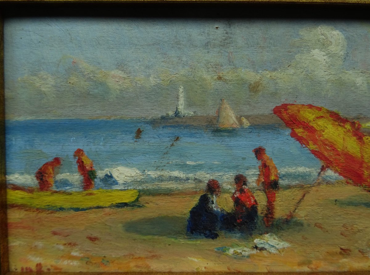 Ecole Française " Plage animée au Tréport " Dans le goût de Maximilien Luce , Hayet, Bertram...-photo-3