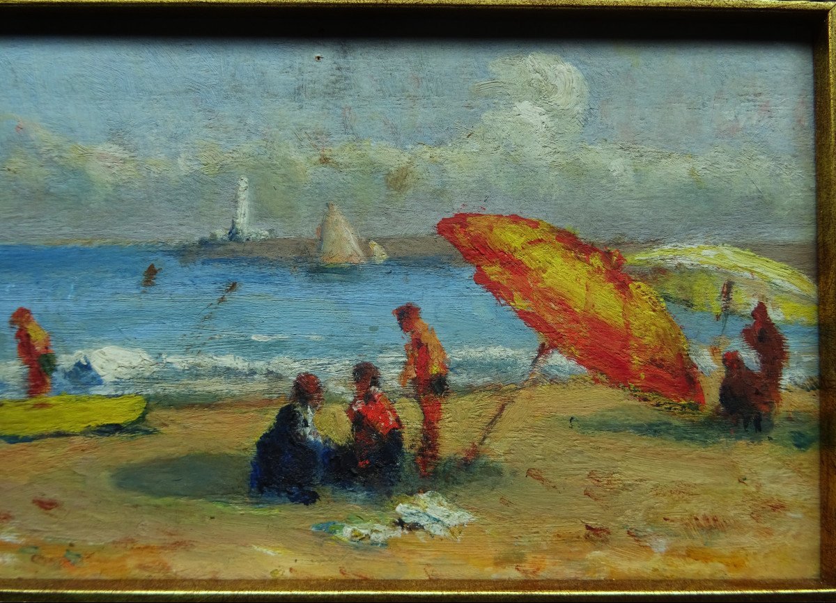 Ecole Française " Plage animée au Tréport " Dans le goût de Maximilien Luce , Hayet, Bertram...-photo-4