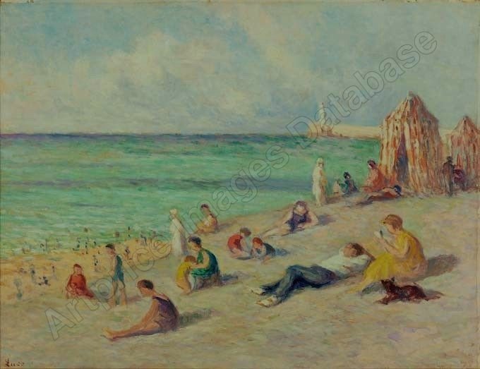 Ecole Française " Plage animée au Tréport " Dans le goût de Maximilien Luce , Hayet, Bertram...-photo-5