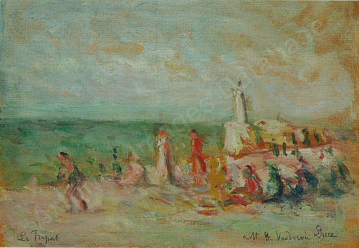 Ecole Française " Plage animée au Tréport " Dans le goût de Maximilien Luce , Hayet, Bertram...-photo-6