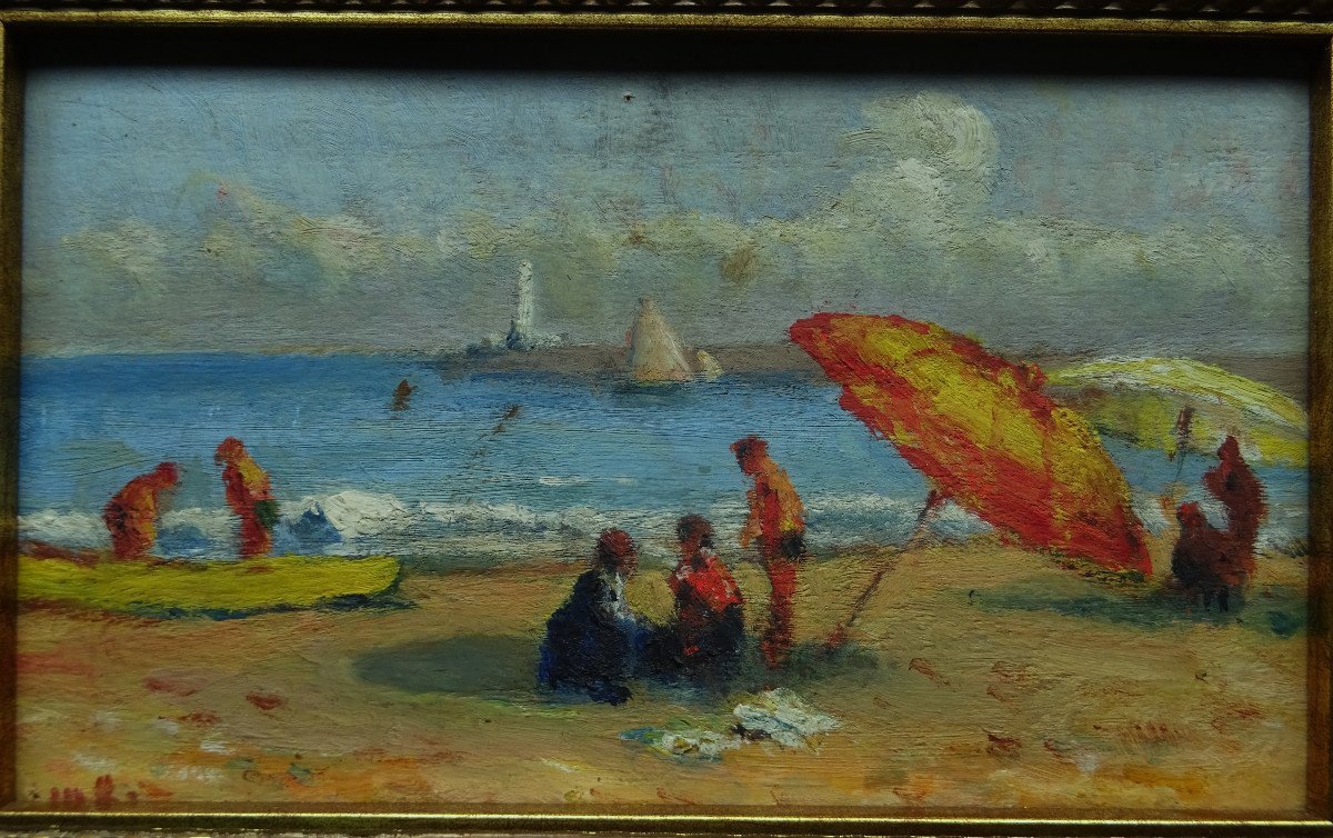 Ecole Française " Plage animée au Tréport " Dans le goût de Maximilien Luce , Hayet, Bertram...