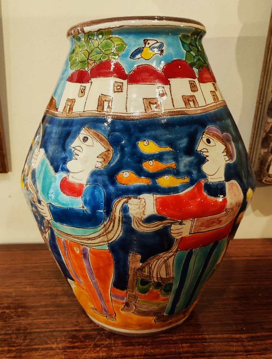 Important Vase Of The Miraculous Catch Of Fish By Desimone C.1970. Italy, Gambone, Sicily, Capron Picasso-photo-2