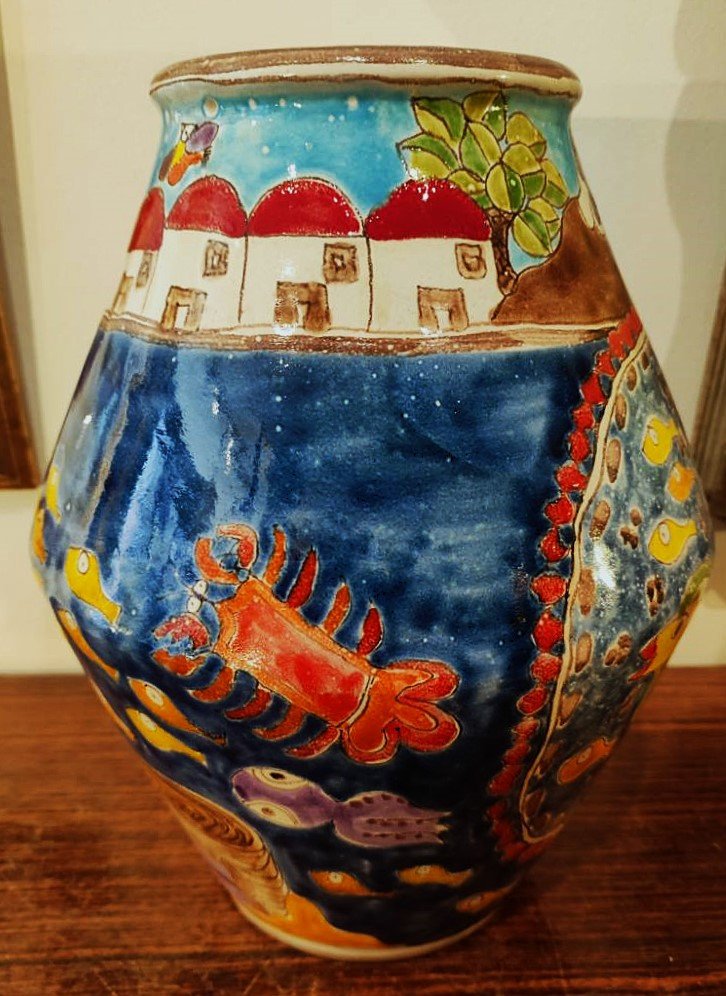 Important Vase Of The Miraculous Catch Of Fish By Desimone C.1970. Italy, Gambone, Sicily, Capron Picasso-photo-4