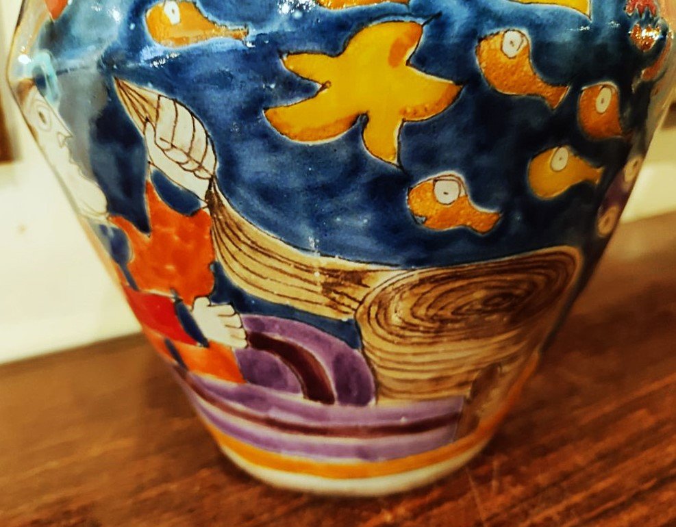 Important Vase Of The Miraculous Catch Of Fish By Desimone C.1970. Italy, Gambone, Sicily, Capron Picasso-photo-4