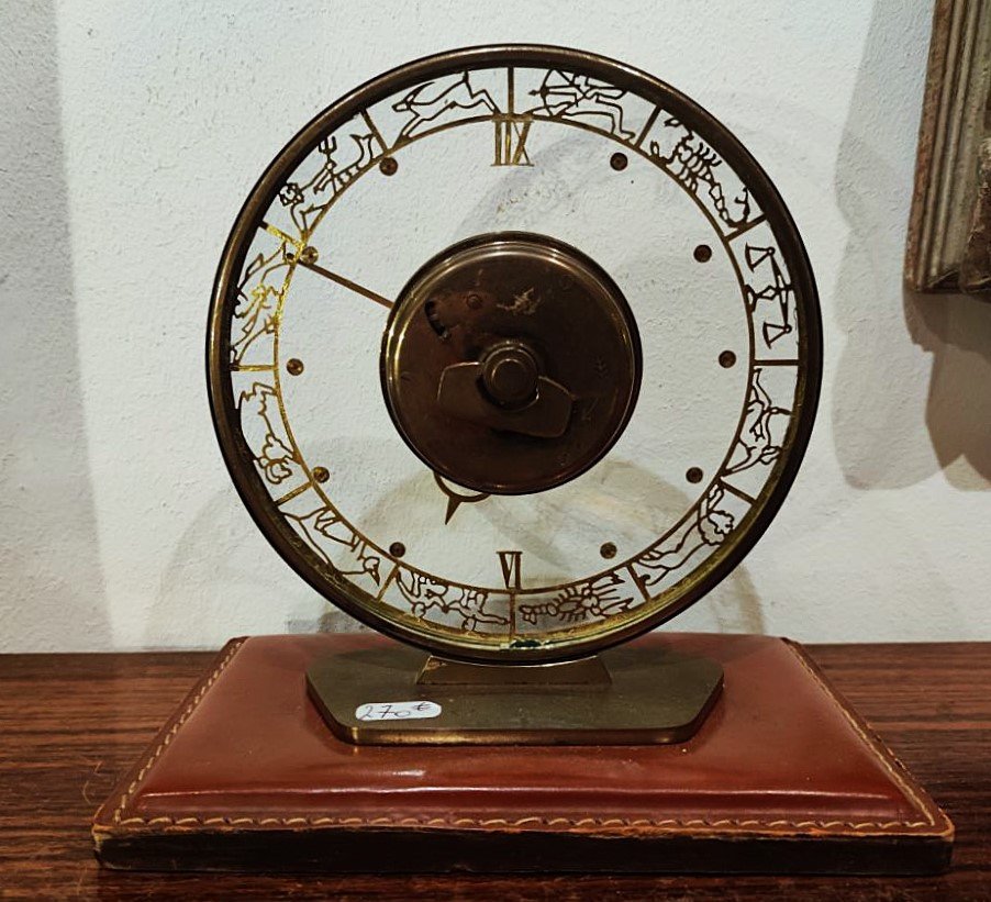 Desk Clock Signs Of The Zodiac 1940/1950 Saddle Leather. Jeager Lecoultre, Hermès, Adnet-photo-2