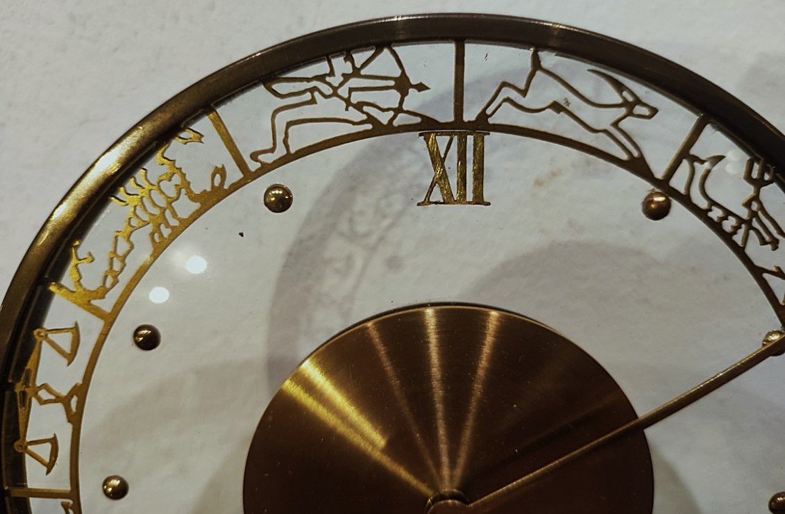 Desk Clock Signs Of The Zodiac 1940/1950 Saddle Leather. Jeager Lecoultre, Hermès, Adnet-photo-2