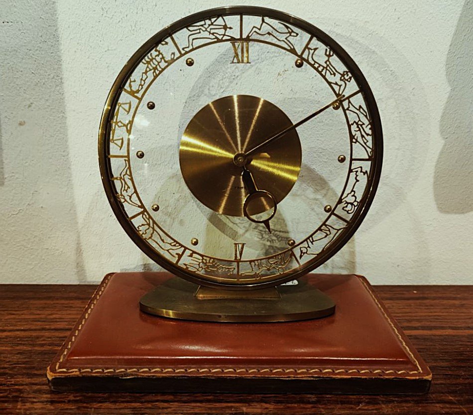 Desk Clock Signs Of The Zodiac 1940/1950 Saddle Leather. Jeager Lecoultre, Hermès, Adnet