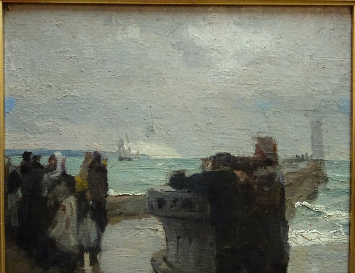 Emile Renouf (1845-1894) Le Havre guetteurs sur la jetée nord v.1890. Marine Honfleur Normandie-photo-4