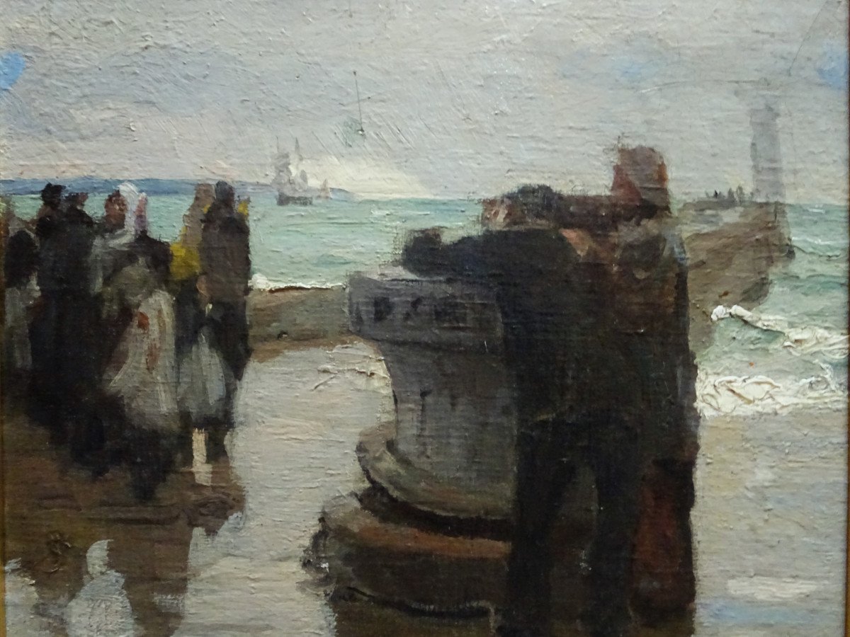 Emile Renouf (1845-1894) Le Havre guetteurs sur la jetée nord v.1890. Marine Honfleur Normandie-photo-1