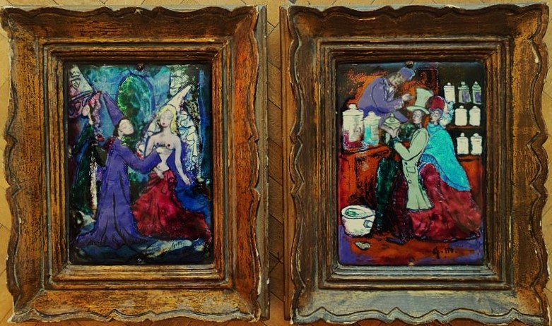 Georges Magadoux (1909-1983) 2 Rare Limoges Enamels C. 1950 + Bouche Frame. Jouhaud, Lurçat..