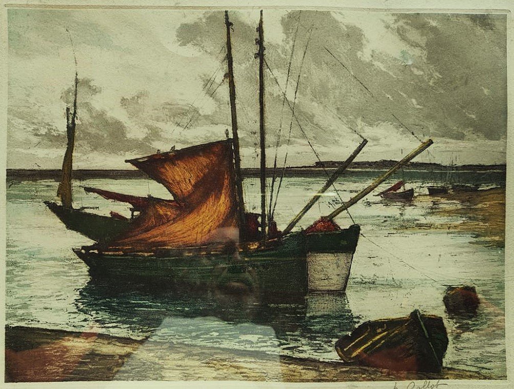 Henri Callot (1875-1956) Bateaux à marée basse, l'île d'yeu. Peintre de la Marine, Rigaud,-photo-2