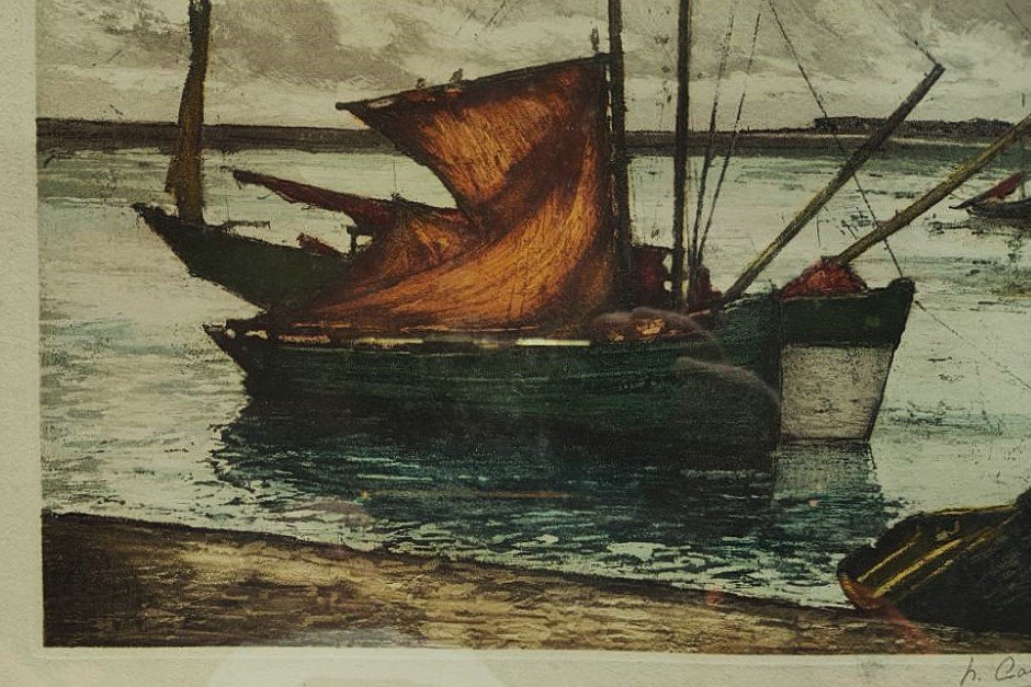 Henri Callot (1875-1956) Bateaux à marée basse, l'île d'yeu. Peintre de la Marine, Rigaud,-photo-2