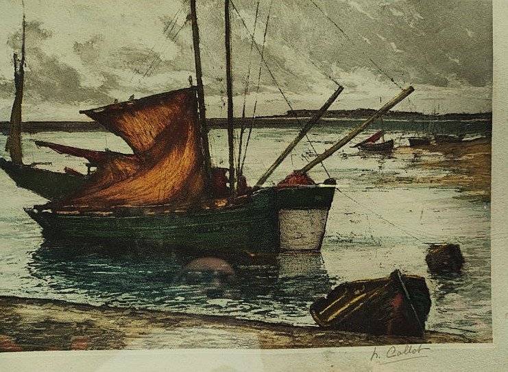 Henri Callot (1875-1956) Bateaux à marée basse, l'île d'yeu. Peintre de la Marine, Rigaud,-photo-3