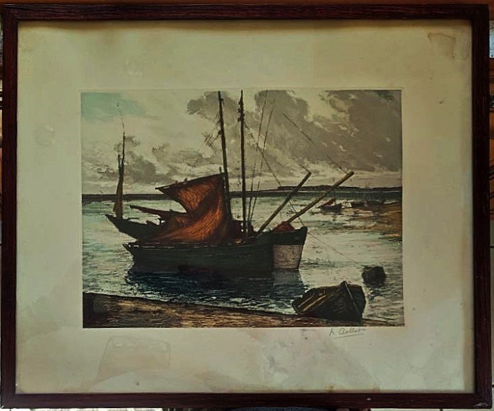 Henri Callot (1875-1956) Bateaux à marée basse, l'île d'yeu. Peintre de la Marine, Rigaud,