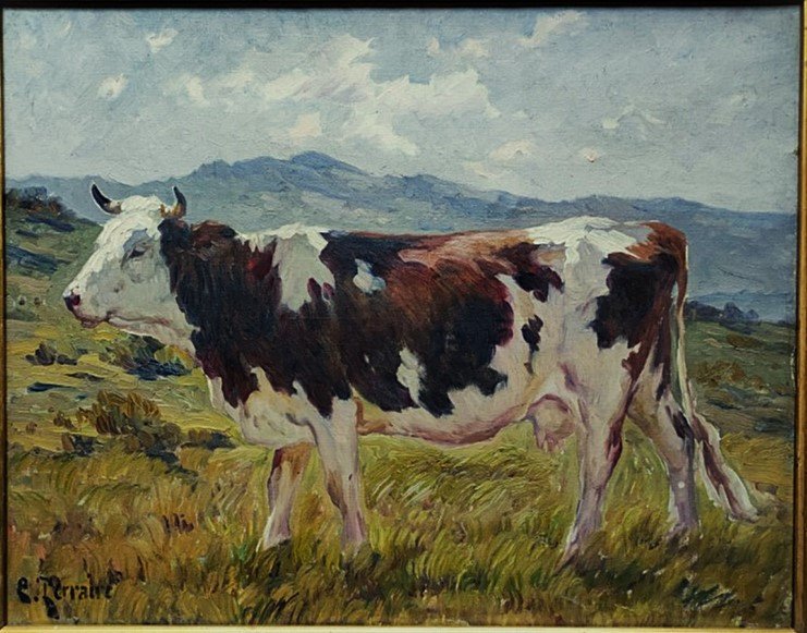 Clovis Terraire (1858-1931) Vache dans les alpages. Lyon, montagne, Alpes, Animalier, Hareux-photo-2