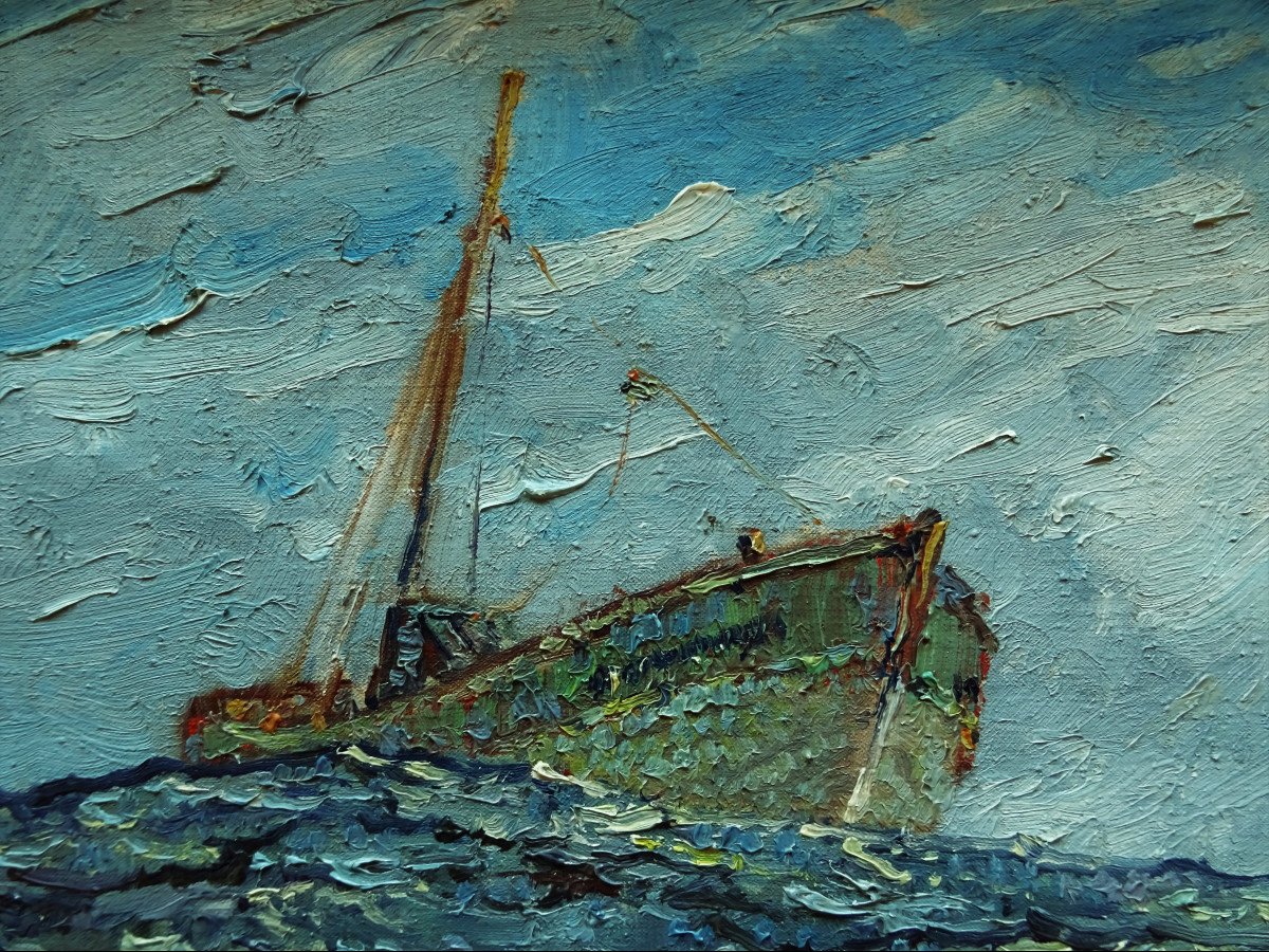 Pierre Fleury (1900-1985) " Malamock par mer lourde, Douarnenez" Elève de Signac, peintre de l'Air et de la Mer, Ile d'Aix, d'Yeu....-photo-4