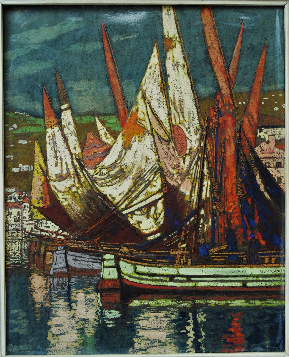 Pierre Labrouche (1876-1956)" Voiliers de pêche dans le port de Lerici, Italie Ligurie " Pays Basque, Pasajes, Groupe des Neuf, Floutier, Ciboure-photo-2