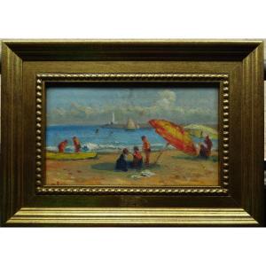 Ecole Française dans le goût de Maximilien Luce (1858-1941) " Plage animée au Tréport ". Hayet.