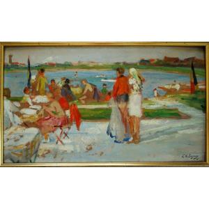 Paul Michel Dupuy ( 1869-1949) "Scène de lac et plage, 1939" Impressionniste, Basque, Bonnat