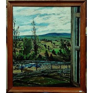 Maurice Serrulaz (1914-1997) Paysage par la fenêtre 1950. Ecole de Crozant, neveu de Rollinat