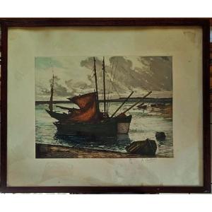 Henri Callot (1875-1956) Bateaux à marée basse, l'île d'yeu. Peintre de la Marine, Rigaud,